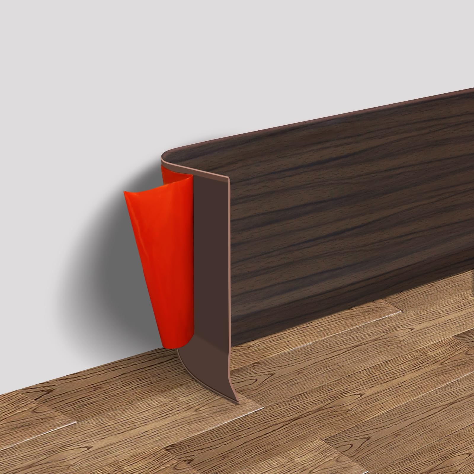 FONUNO vinyl wall base brown wood grain protects walls and floors in a living space.