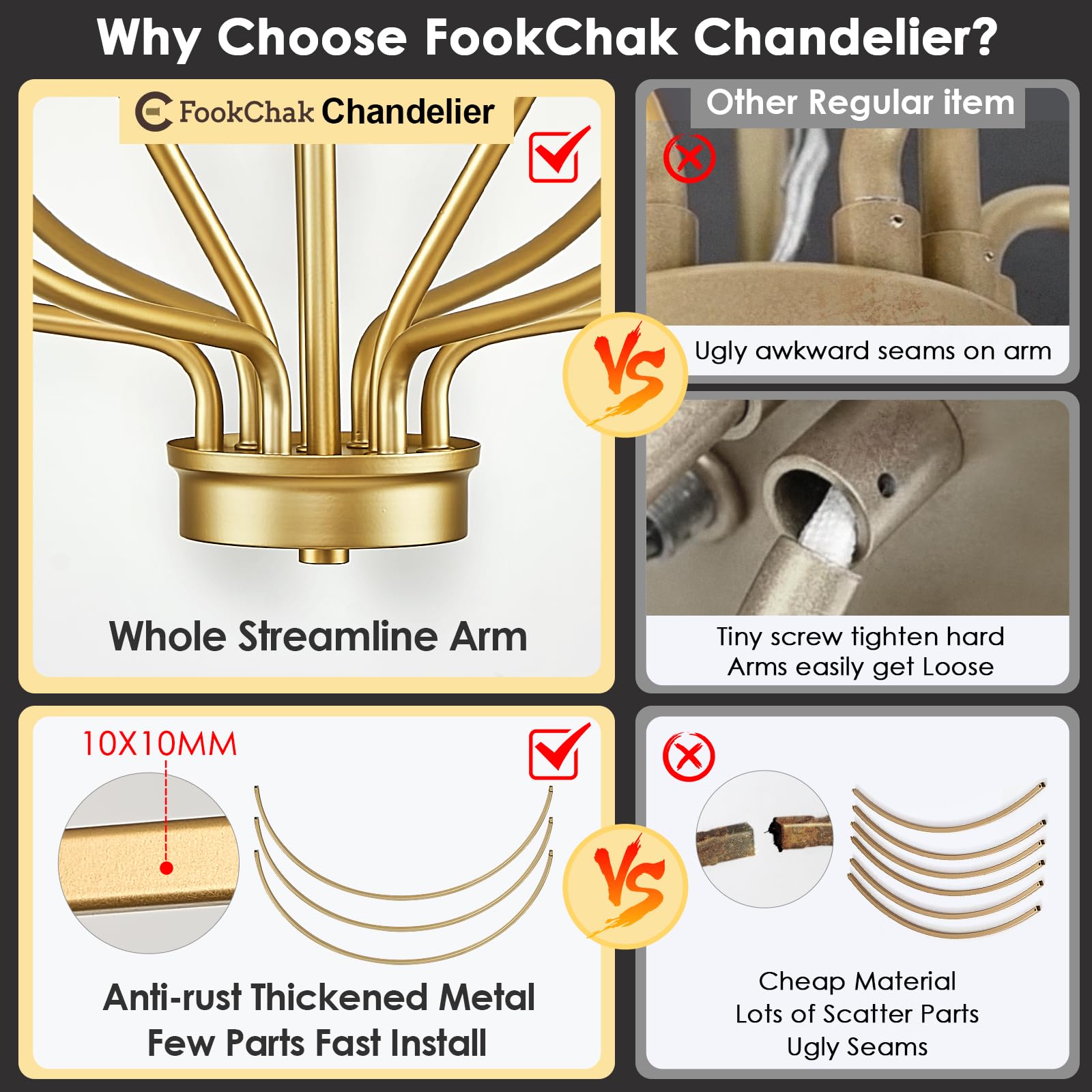 FookChak 29-inch width brushed brass chandelier enhances living room elegance.