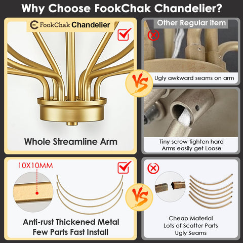 FookChak 29-inch width brushed brass chandelier enhances living room elegance.