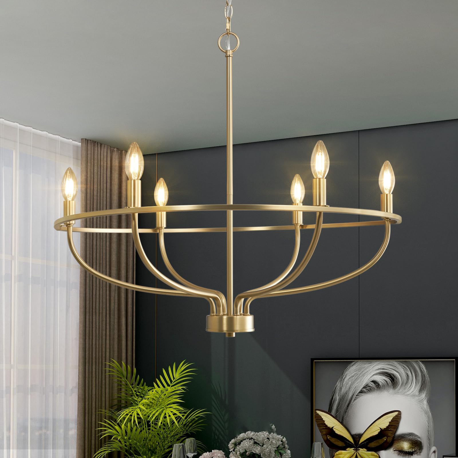 FookChak 6-light gold chandelier pendant adds bright ambiance to your dining space.