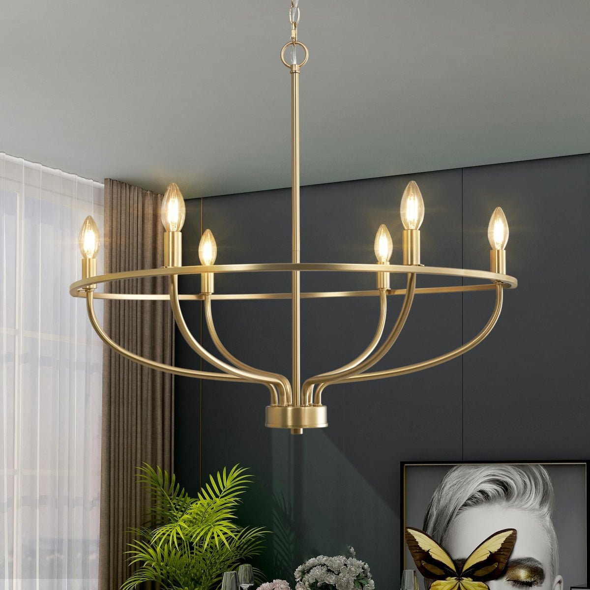 FookChak 6-light gold chandelier pendant adds bright ambiance to your dining space.