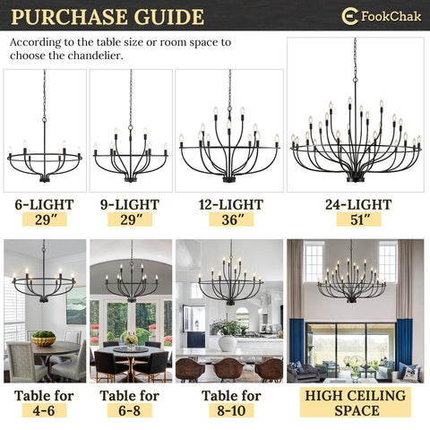 FookChak black chandelier for flat or sloped ceilings offers versatile mounting.
