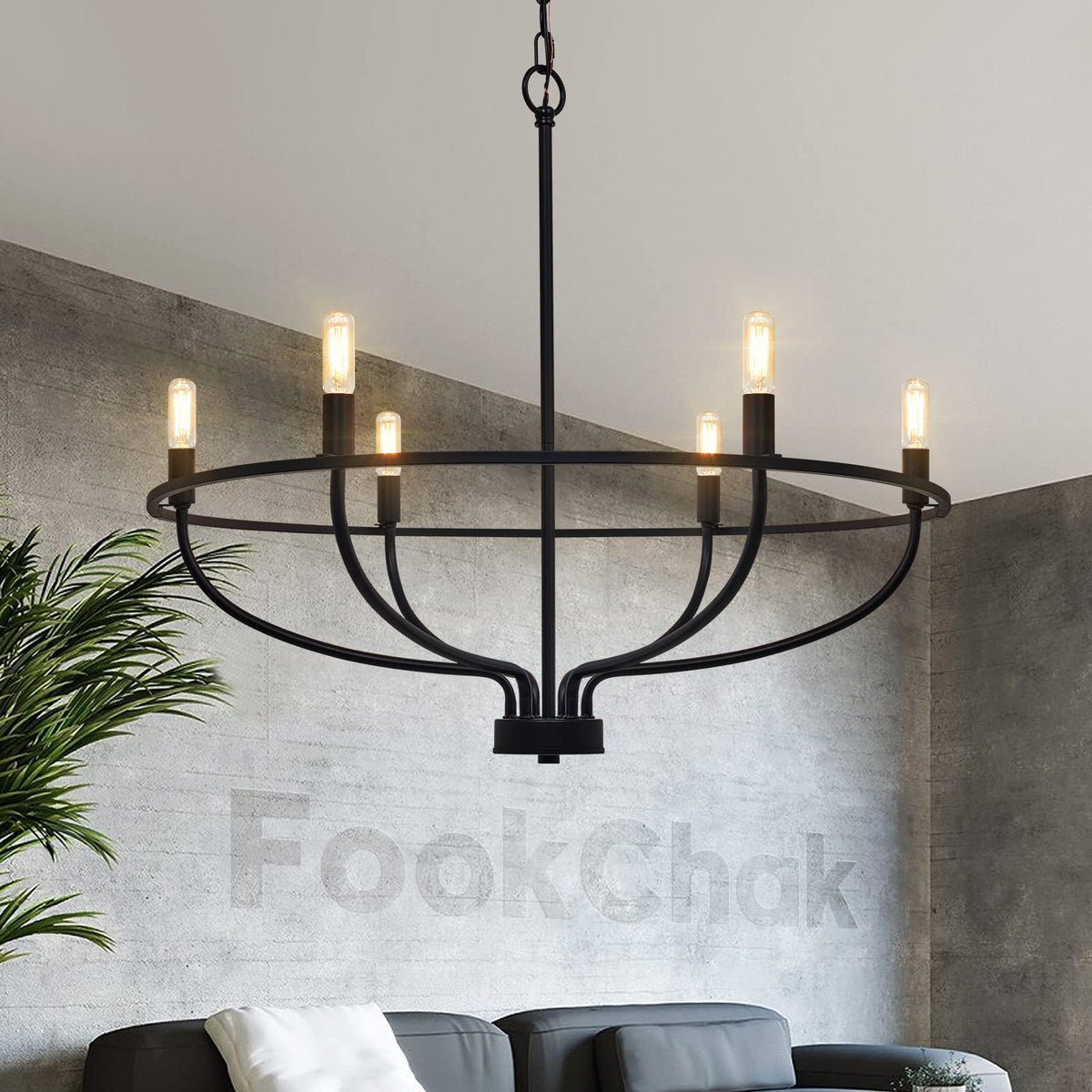 FookChak black 6-light chandelier adds industrial charm to dining rooms.