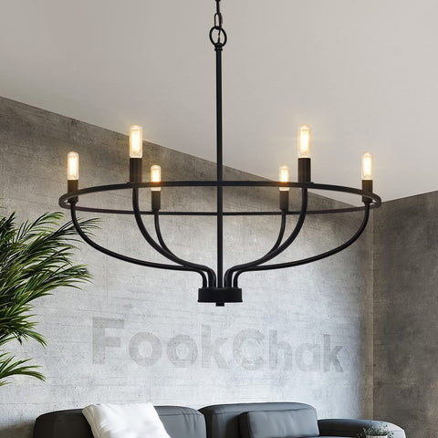 FookChak black 6-light chandelier adds industrial charm to dining rooms.