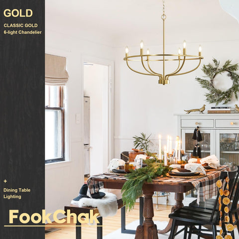 FookChak brushed gold dining chandelier closeup highlights durable brushed brass finish.