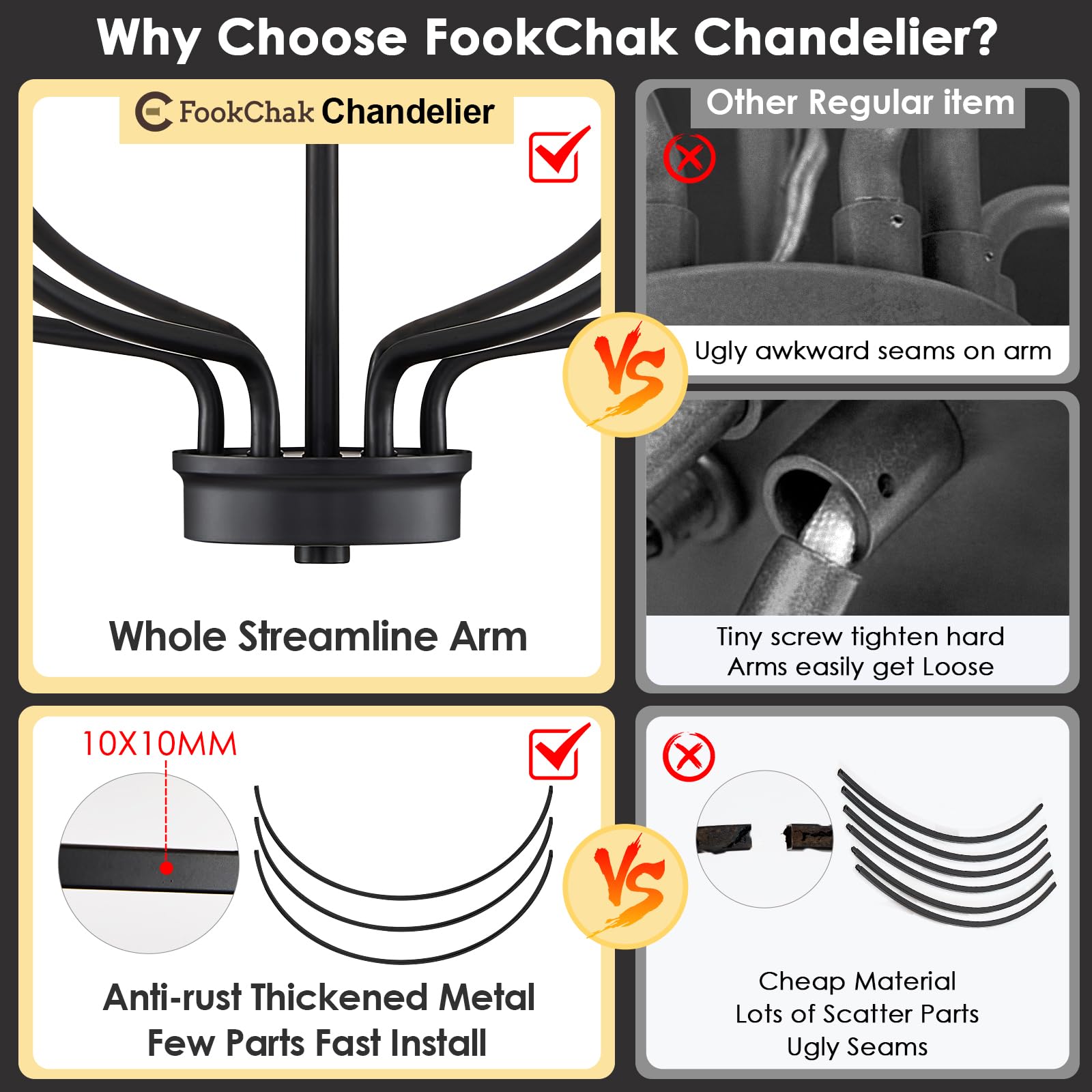 FookChak dining room chandelier with 36in adjustable chain adapts to different ceilings.