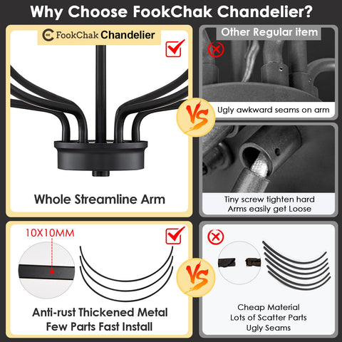 FookChak dining room chandelier with 36in adjustable chain adapts to different ceilings.