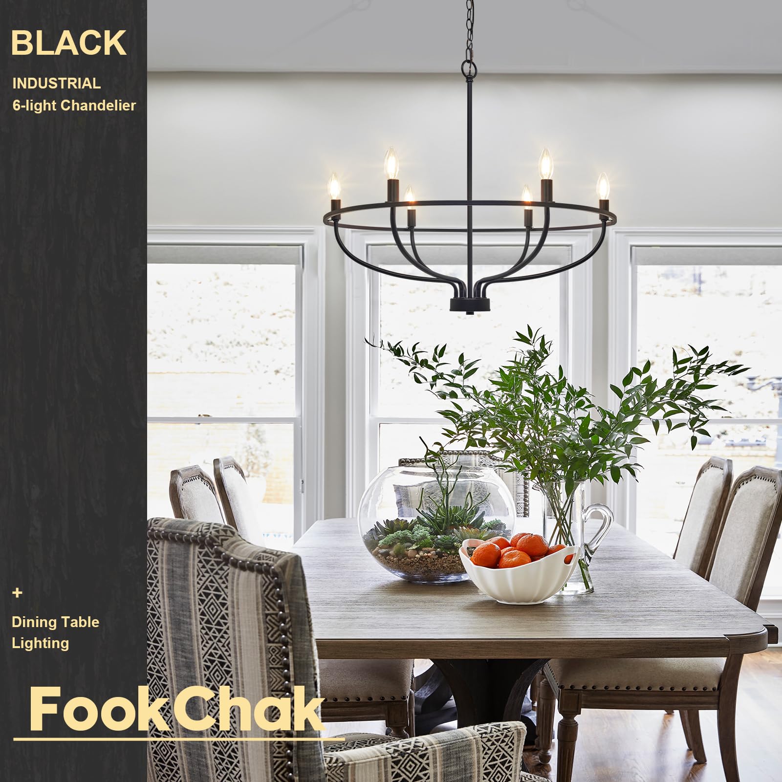 FookChak farmhouse black chandelier with metal candle accents creates cozy living room glow.