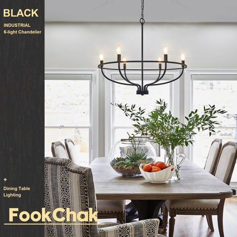 FookChak farmhouse black chandelier with metal candle accents creates cozy living room glow.