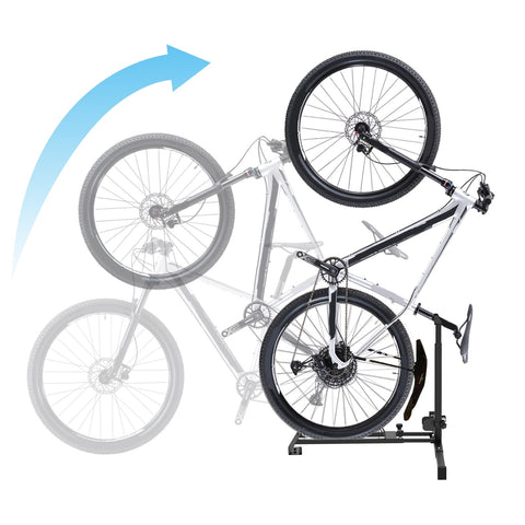 Foozet vertical bike stand in garage showing space-saving design