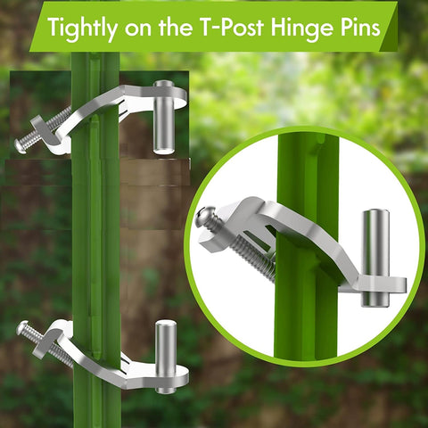 Foozet T-post hinges fit 5/8 and 3/4 inch eyes for versatile gates.