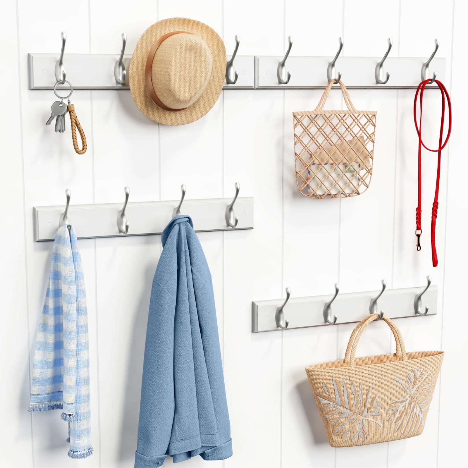 Forbena wall-mounted rack showing four hooks for hanging coats and bags.