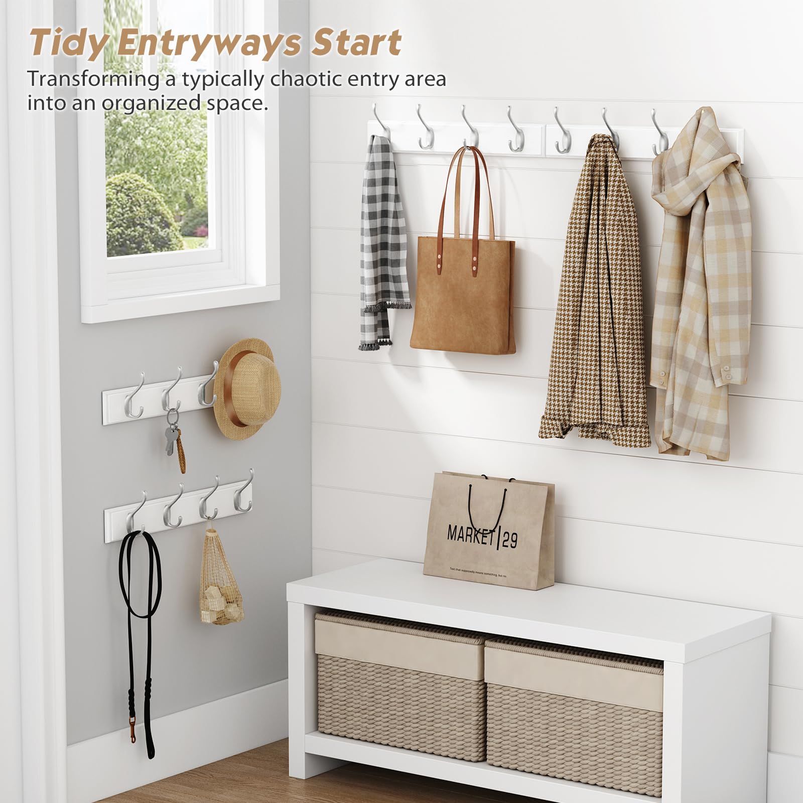 Forbena four-peg design installed vertically offers space-saving organization.