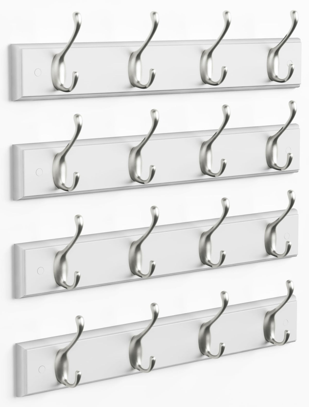 Forbena white coat rack with four silver hooks, ideal for entryway organization.