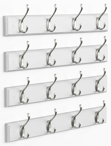 Forbena white coat rack with four silver hooks, ideal for entryway organization.