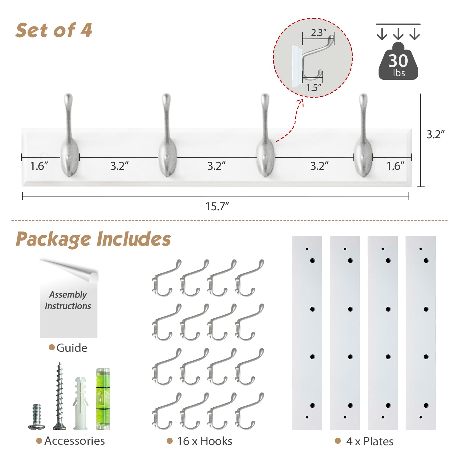 Forbena wooden coat rack close-up highlights sturdy MDF and silver hooks.