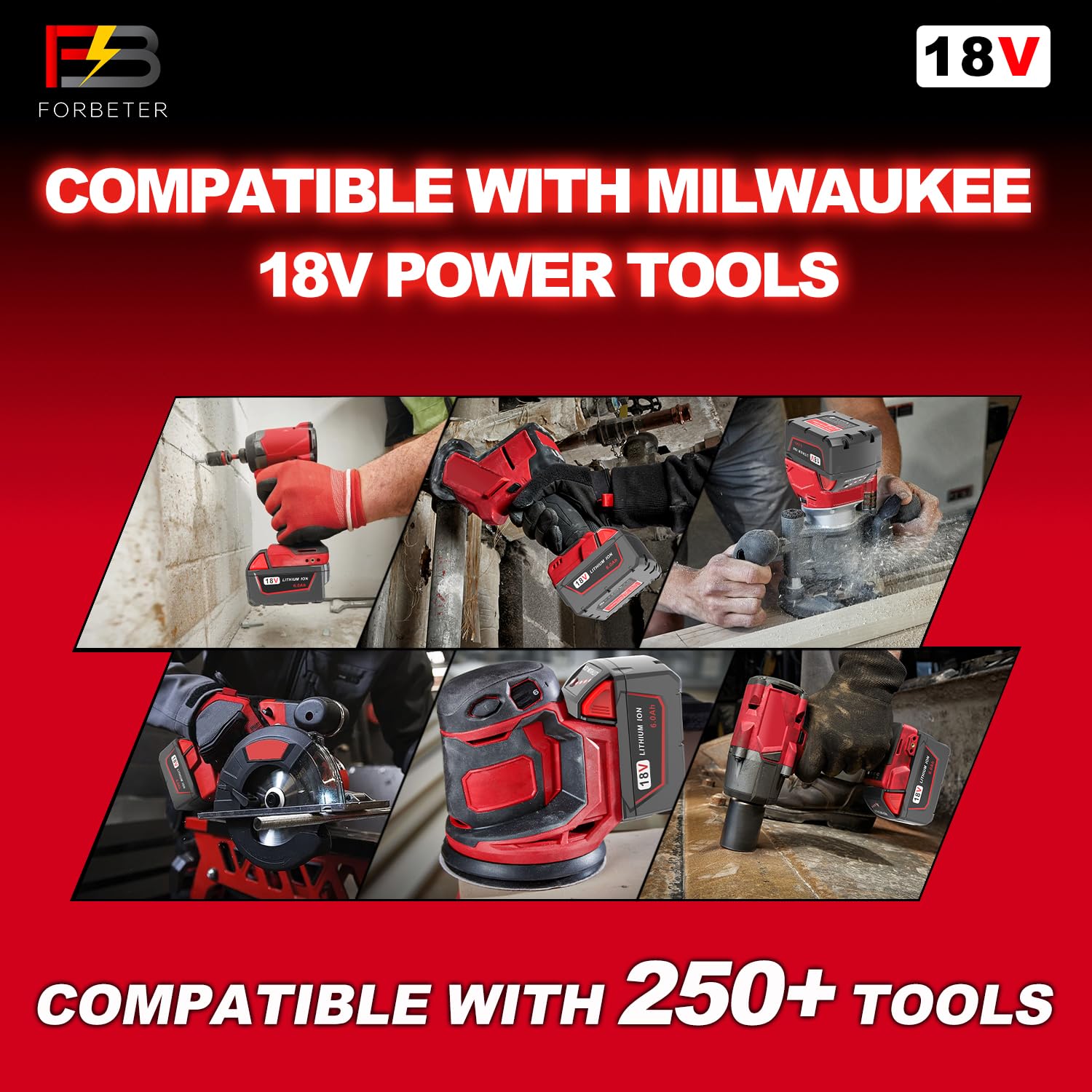 FORBETER Milwaukee M18 18V battery front view with compact design.