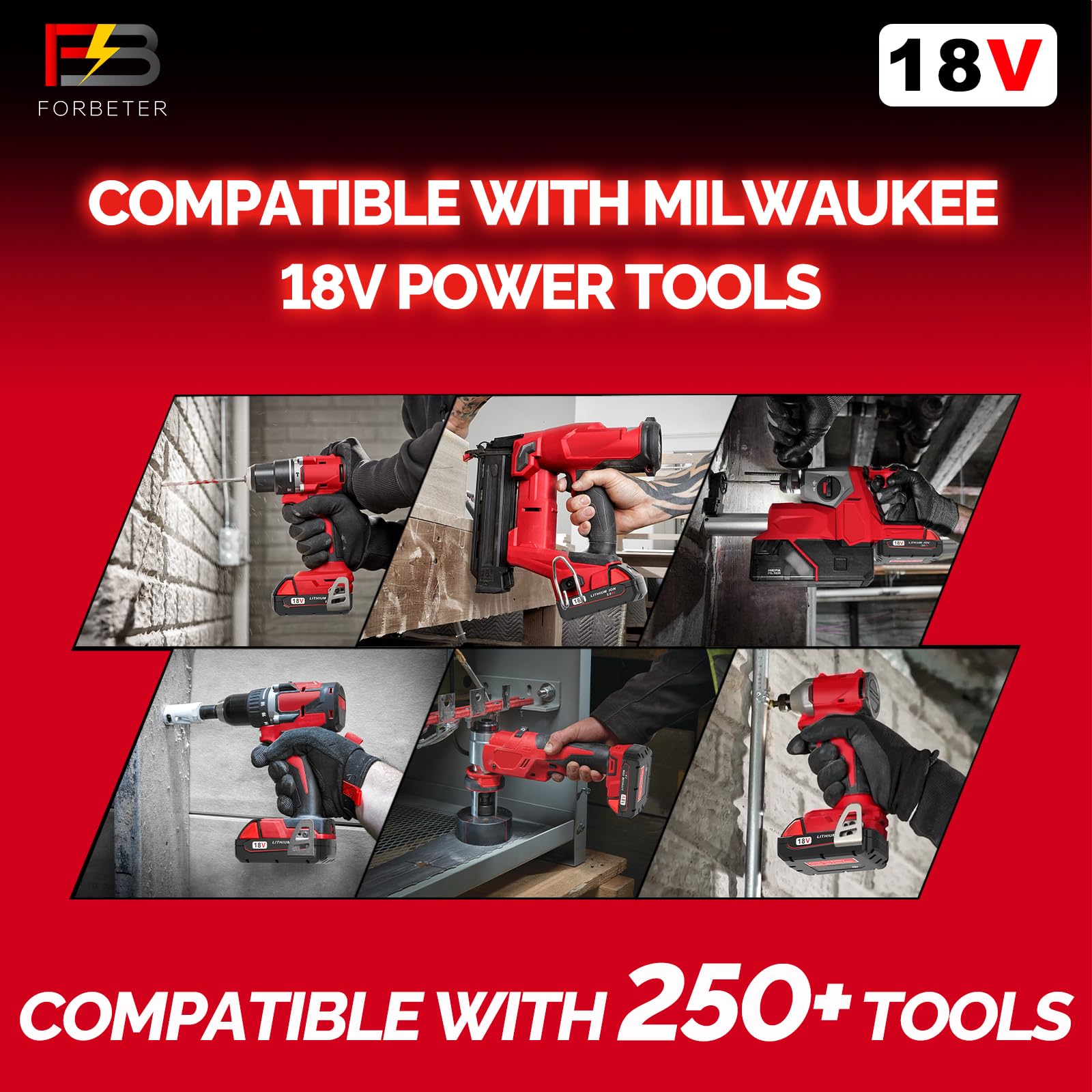 FORBETER Milwaukee M18 3.0Ah battery compatibility with Milwaukee 18V tools shown.
