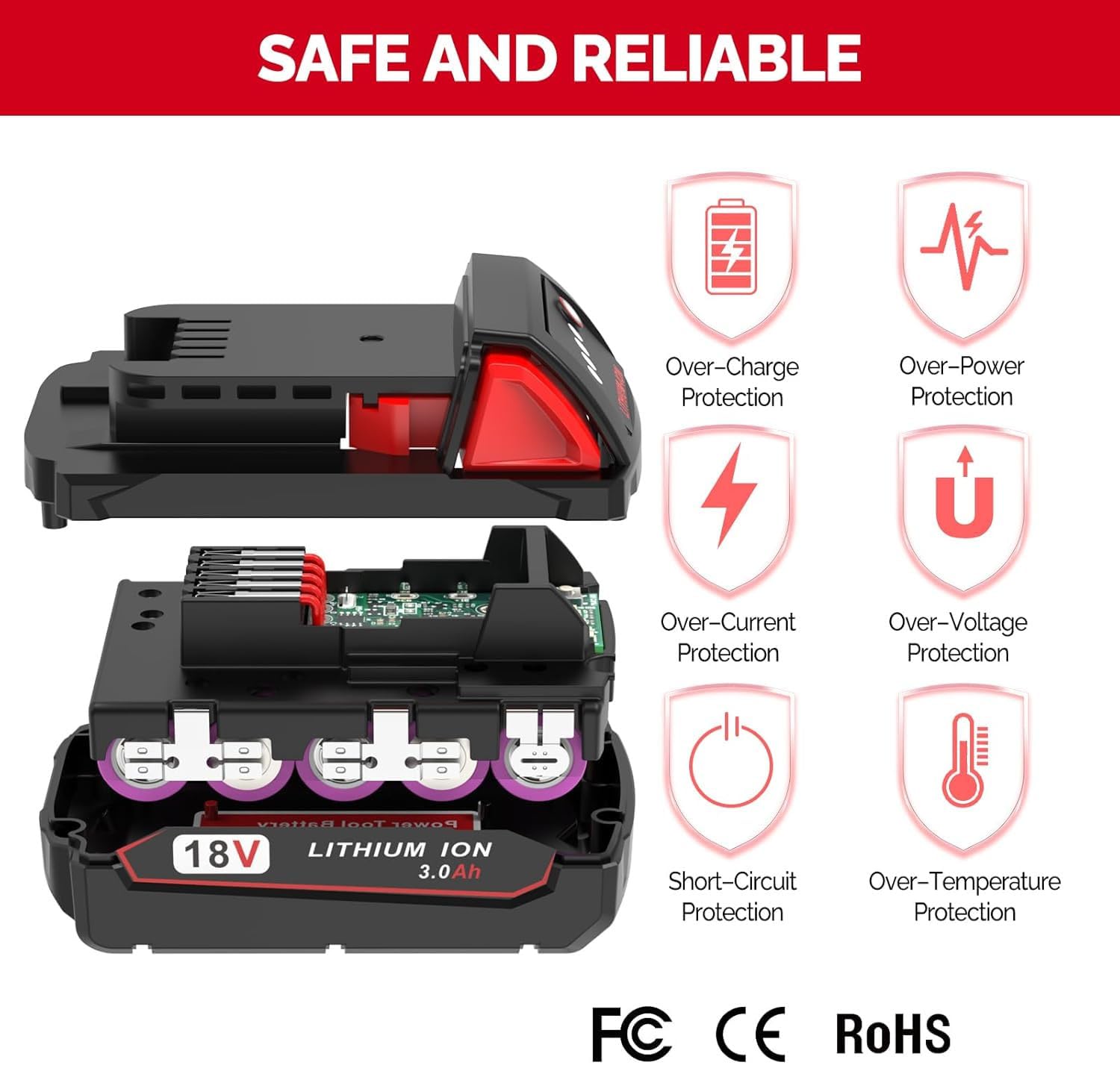 FORBETER Milwaukee M18 3.0Ah with LED indicator for remaining power.
