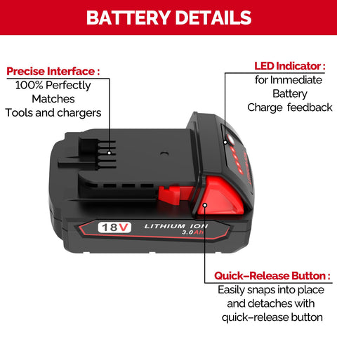 FORBETER Milwaukee M18 3.0Ah replacement battery packaging highlights tool compatibility.