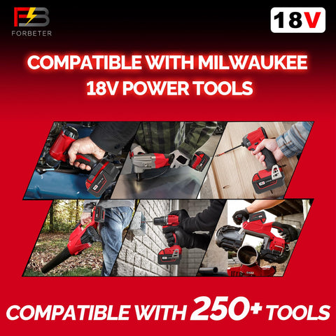 Close-up of FORBETER battery connectors and fit for Milwaukee M18 tools.
