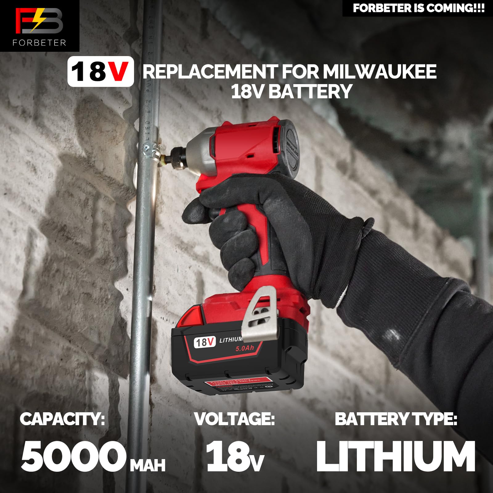 FORBETER 5.0Ah battery pack held in hand, ready for Milwaukee tools.