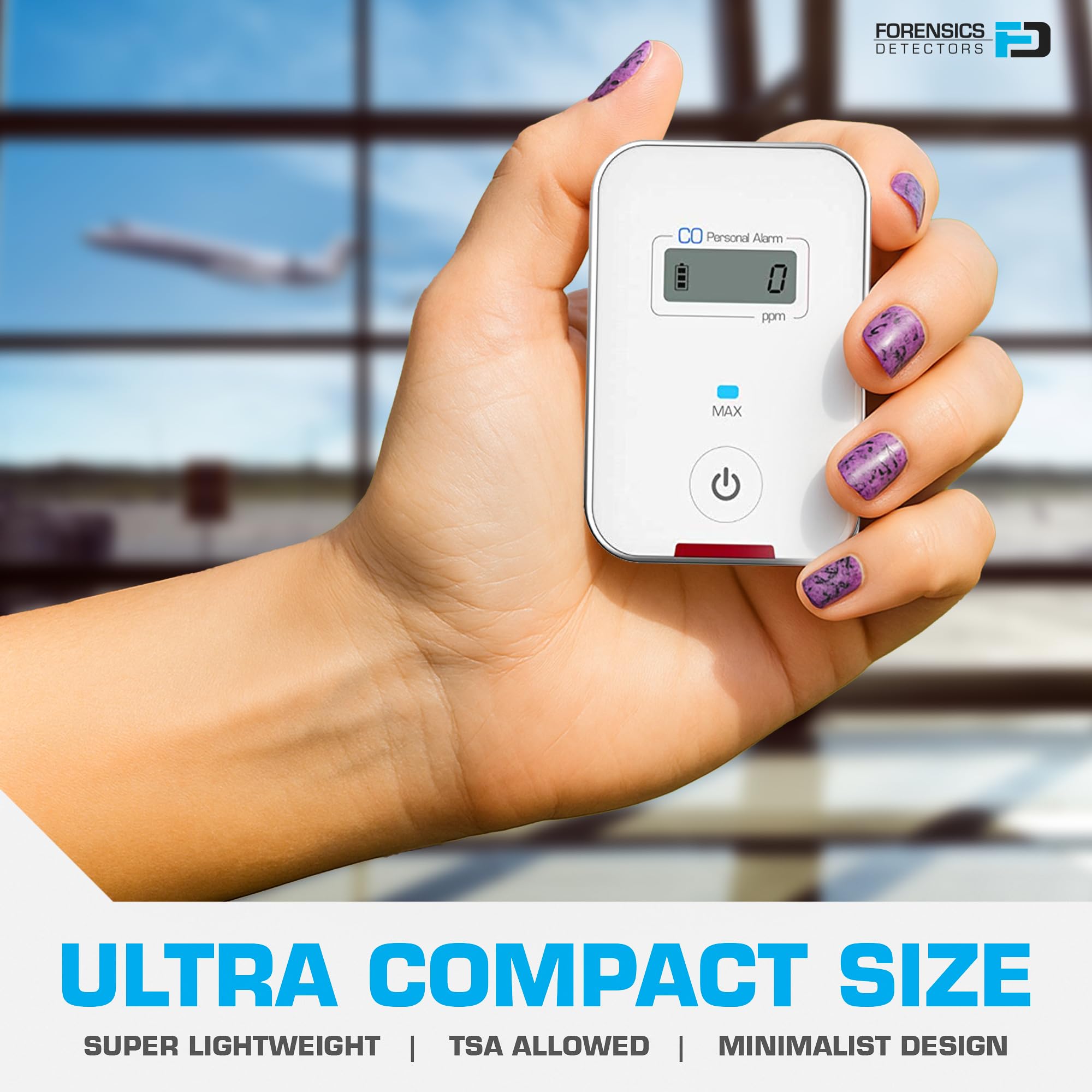 FORENSICS DETECTORS FD travel CO detector 1-year battery life and factory calibration.