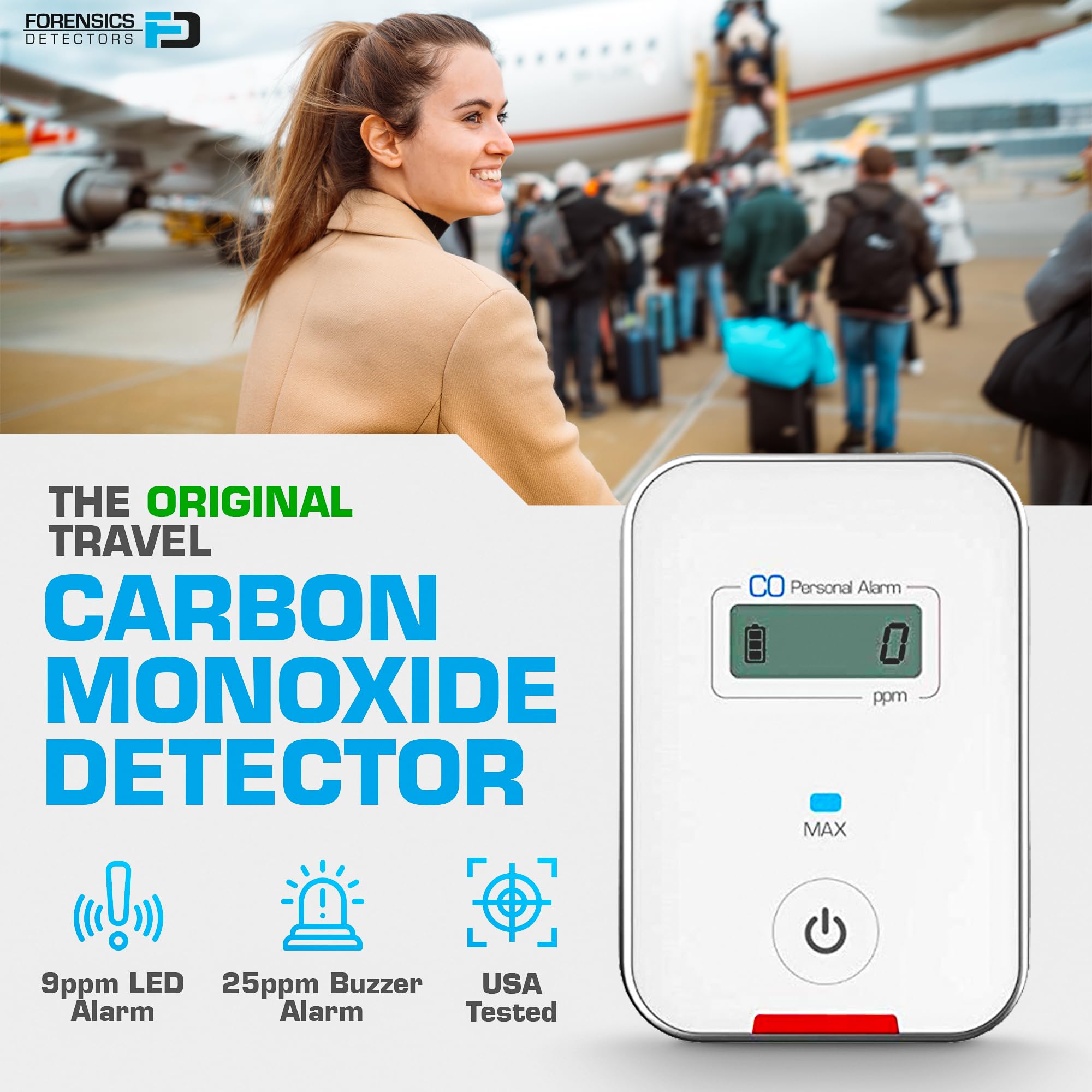 FORENSICS DETECTORS FD travel CO detector alerts with LED and audible alarms.
