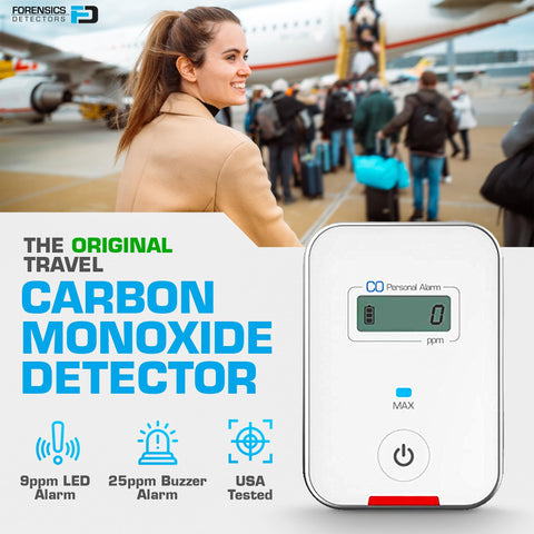 FORENSICS DETECTORS FD travel CO detector alerts with LED and audible alarms.