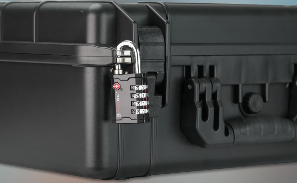 Forge Pelican case security padlock protects professional gear during transport.