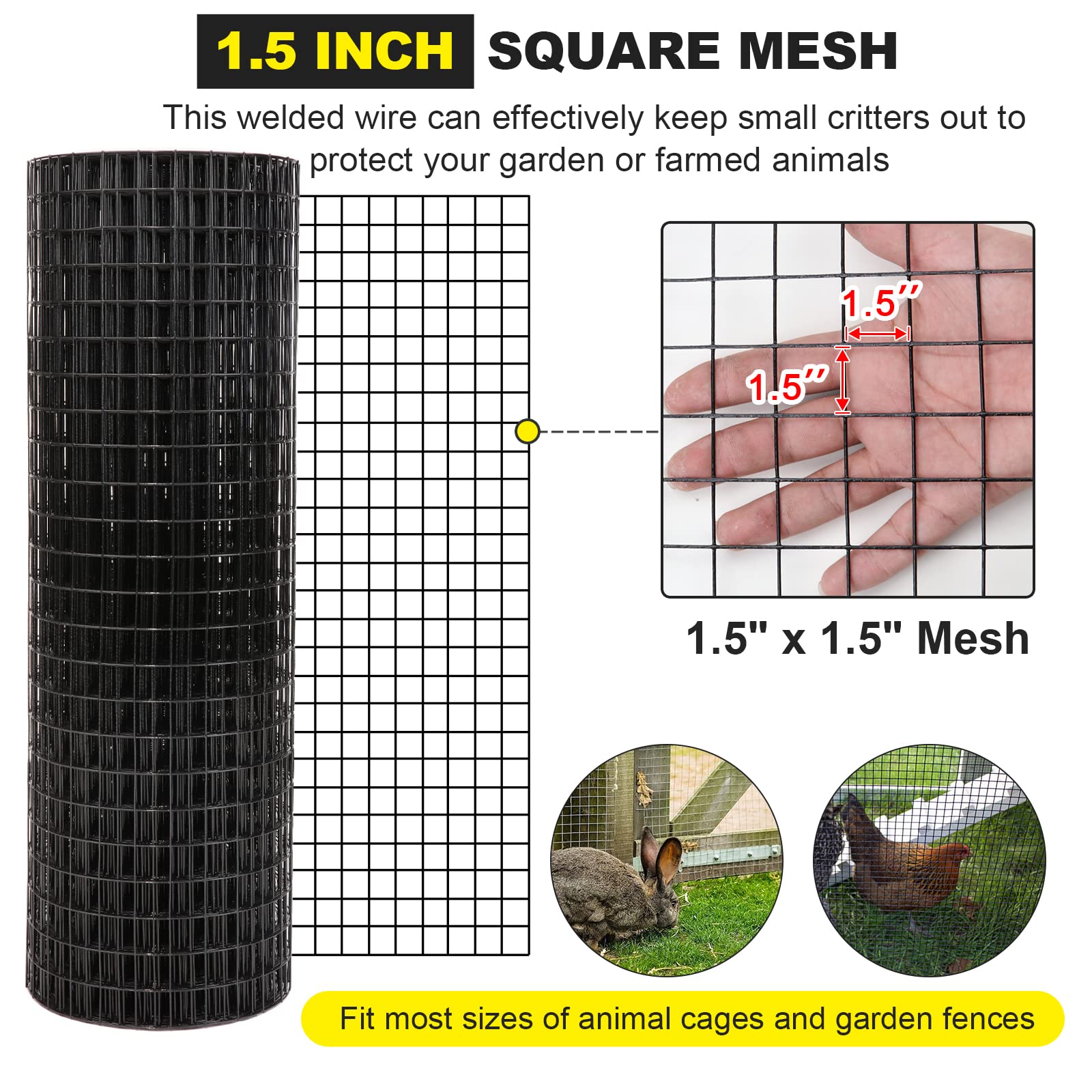 Forimo rabbit and duck pen mesh with 1.5-inch openings for containment.