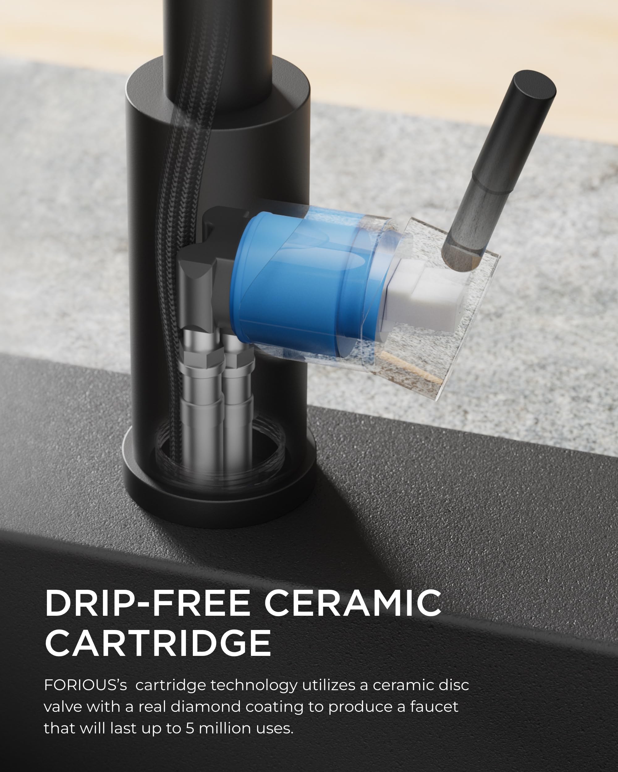 FORIOUS 360 degree rotating sprayer covers the full sink area for efficient rinsing.