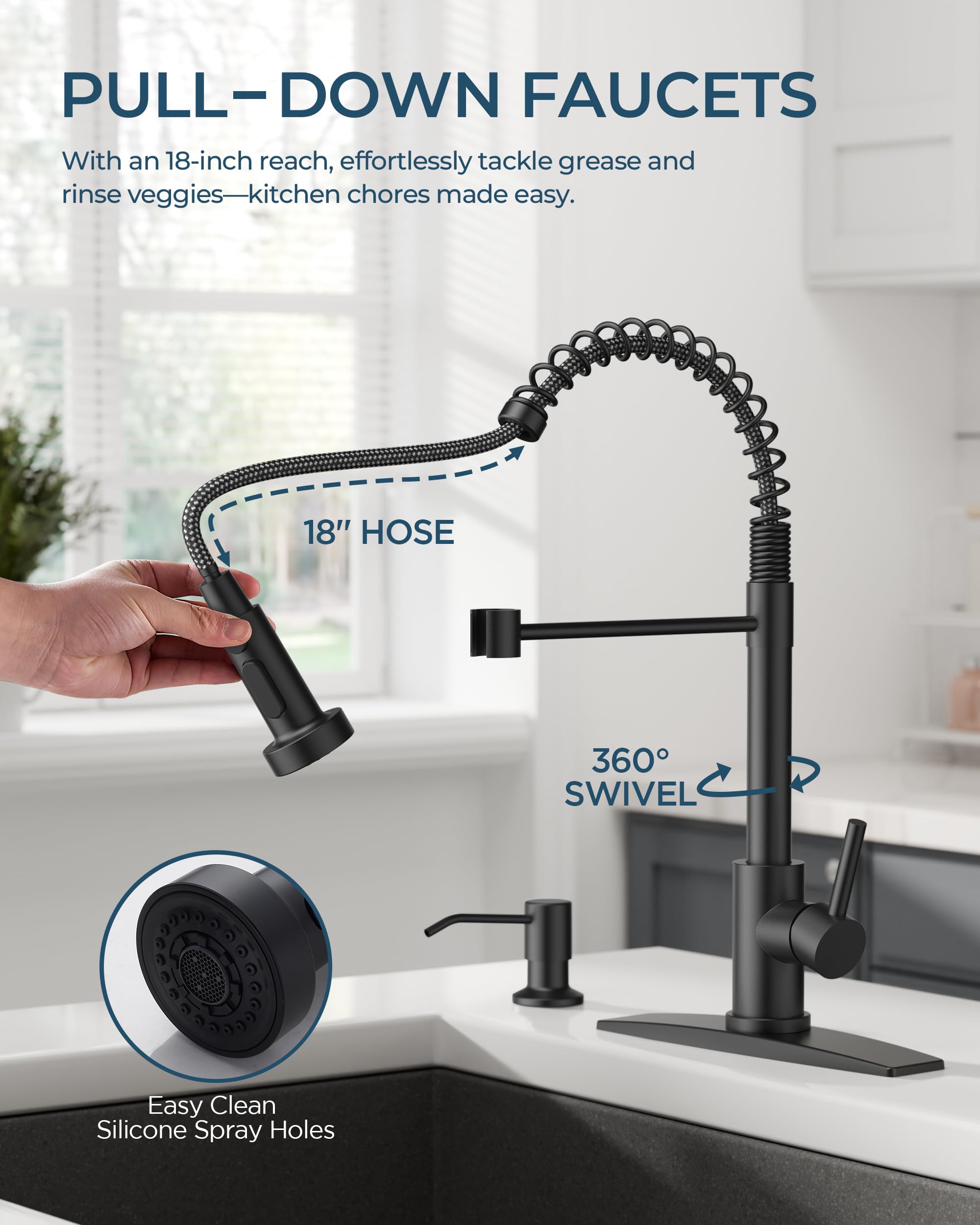 FORIOUS 360-degree swivel spout and silicone nozzle for easy cleaning.