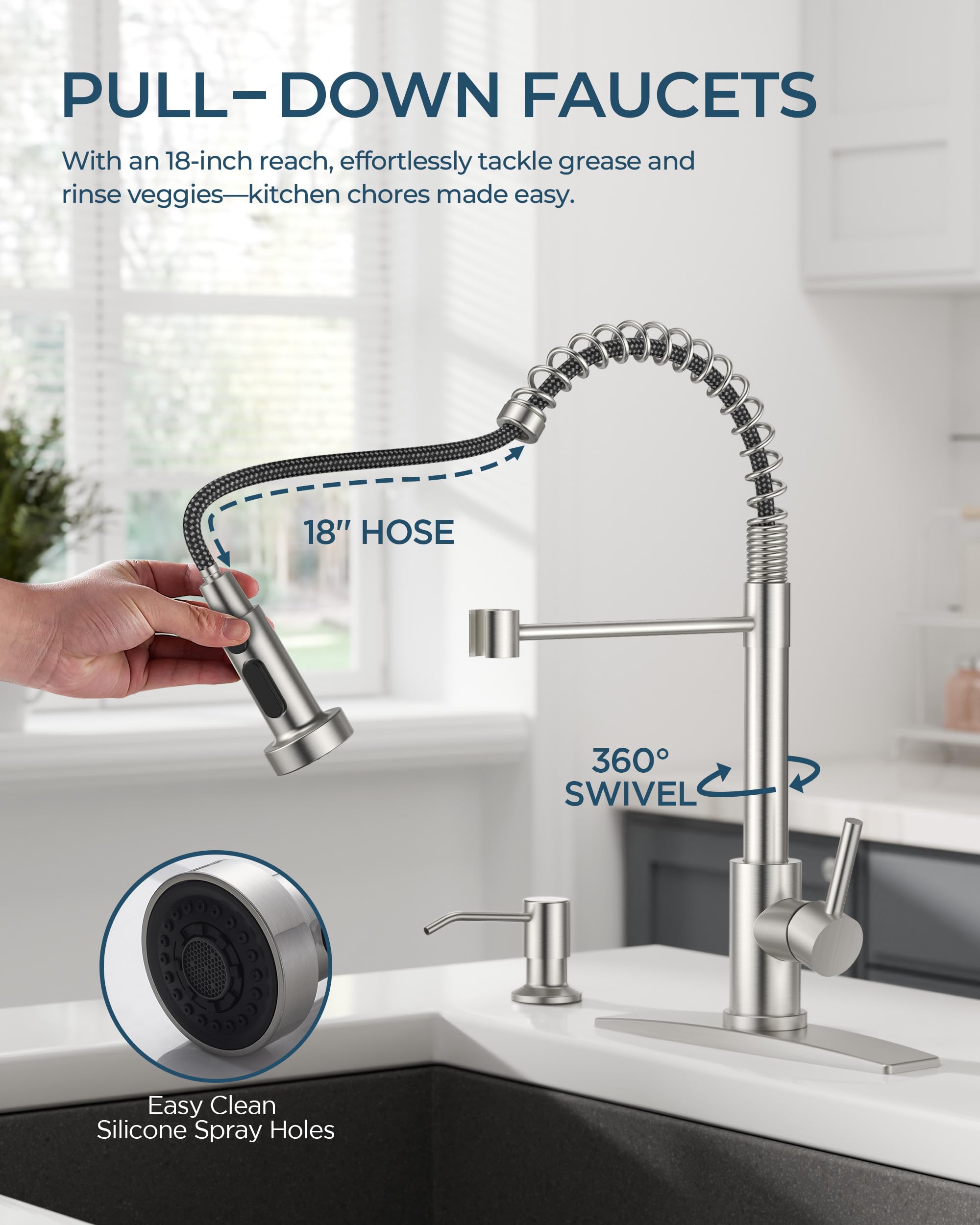 FORIOUS 360-degree swivel spout enables easy access from any angle.