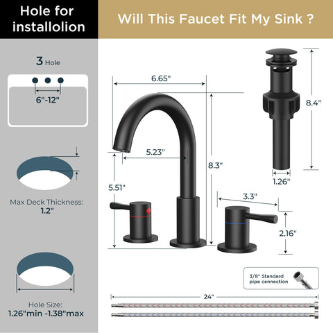 FORIOUS 8-inch widespread faucet with deck plate in matte black finish