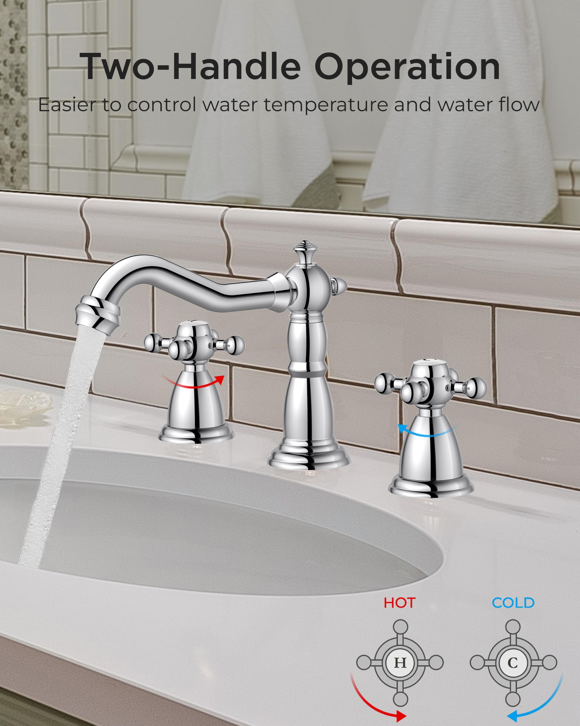 FORIOUS two-handle chrome faucet offers precise hot and cold control.