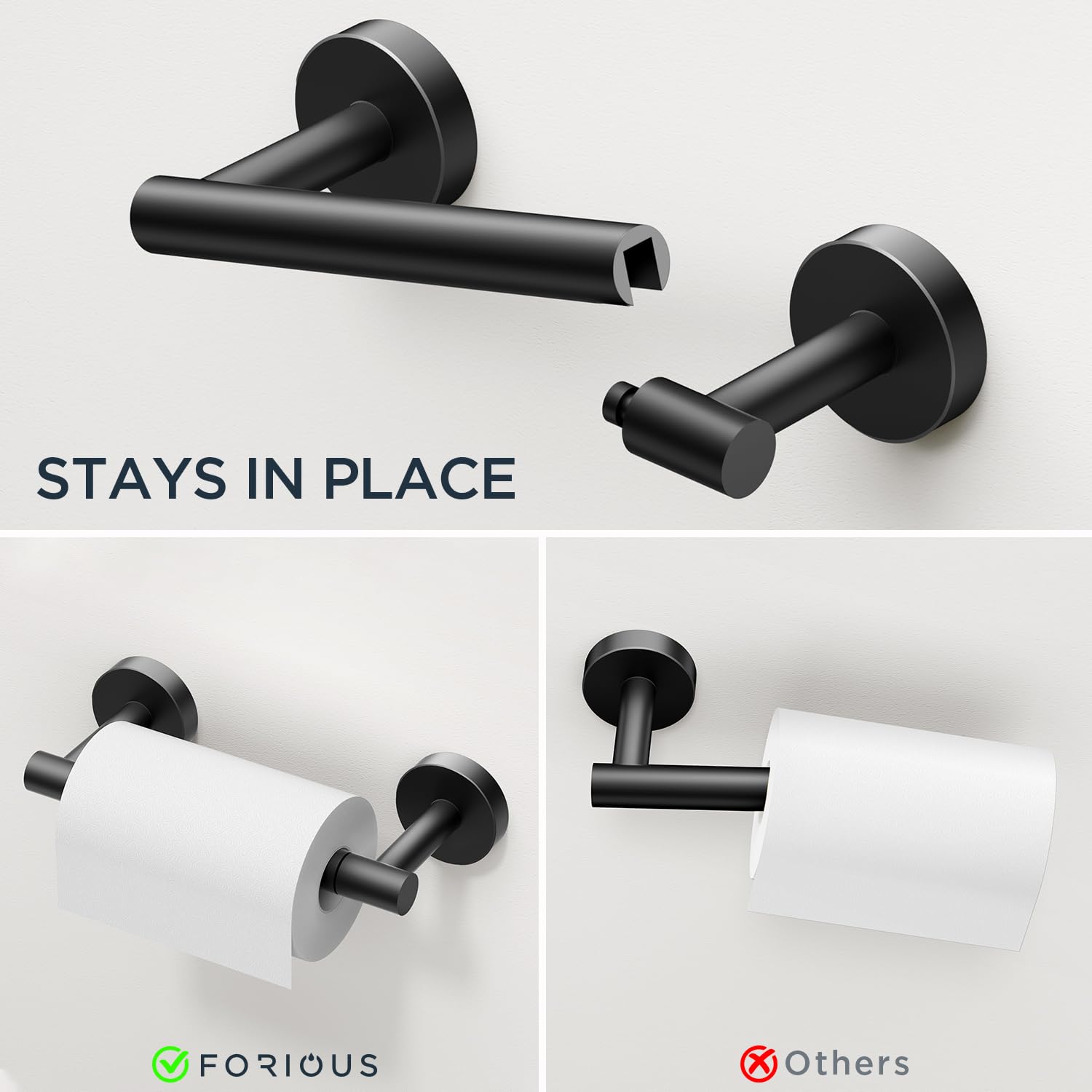 FORIOUS matte black toilet paper holder with durable, rust-resistant design.
