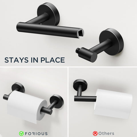 FORIOUS matte black toilet paper holder with durable, rust-resistant design.