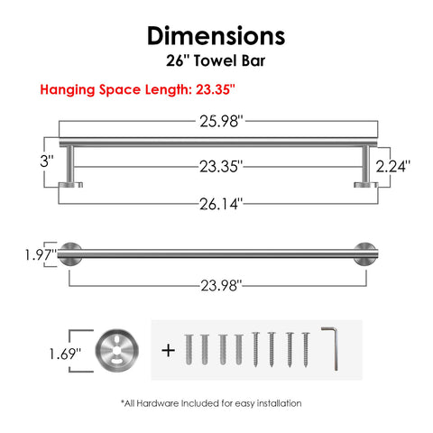 FORIOUS bathroom towel bar 26-inch total length suited for larger towels and layouts.