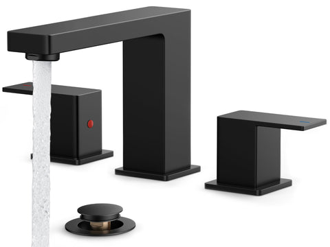 FORIOUS black 8-inch widespread faucet, 3-hole front view highlighting bold bathroom centerpiece.