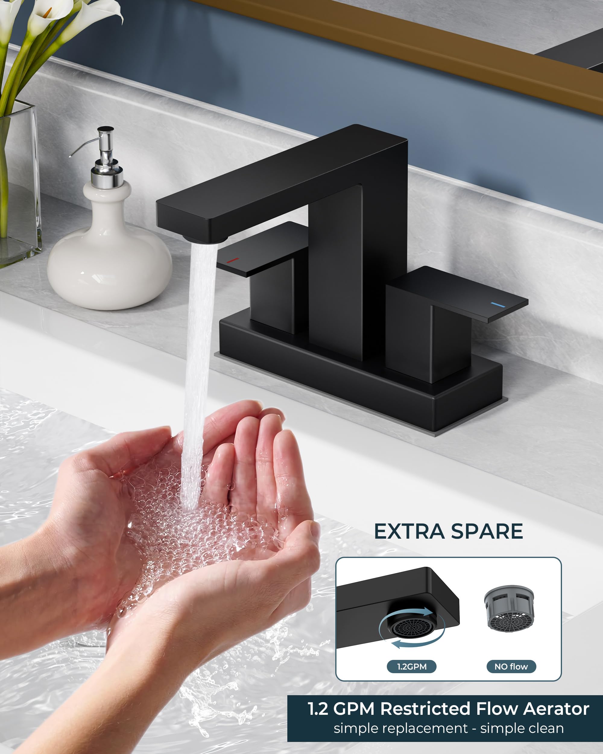 FORIOUS centerset square 4-inch faucet with two handles for precise temp control