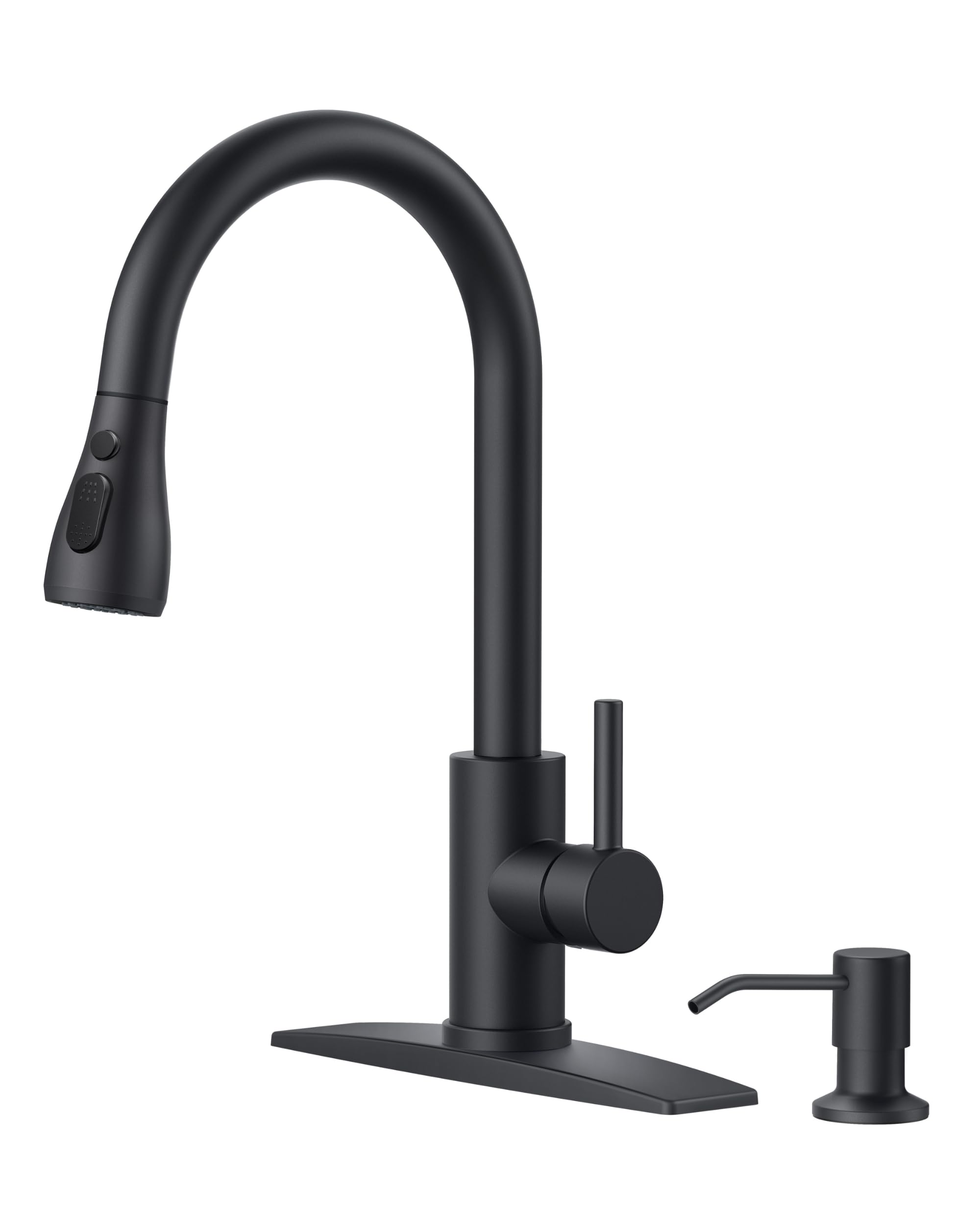 FORIOUS black kitchen faucet with soap dispenser showing durable finish and soap storage