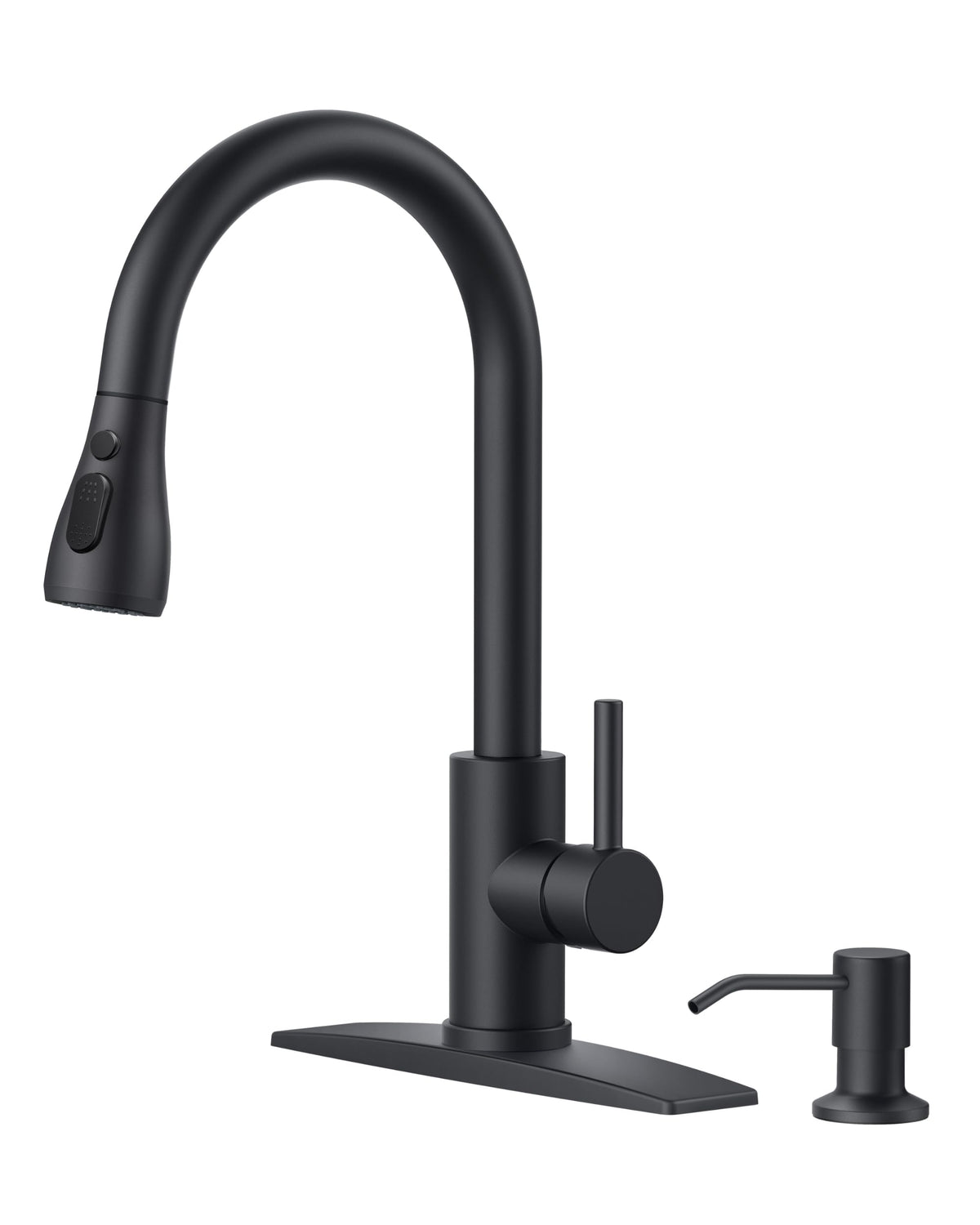 FORIOUS black kitchen faucet with soap dispenser showing durable finish and soap storage
