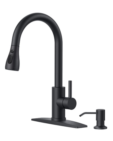 FORIOUS black kitchen faucet with soap dispenser showing durable finish and soap storage