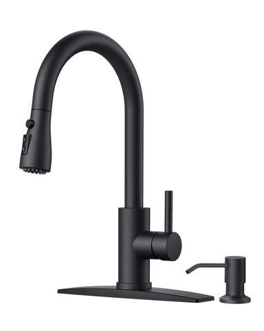 FORIOUS black kitchen faucet with soap dispenser for convenient hand washing on a modern sink