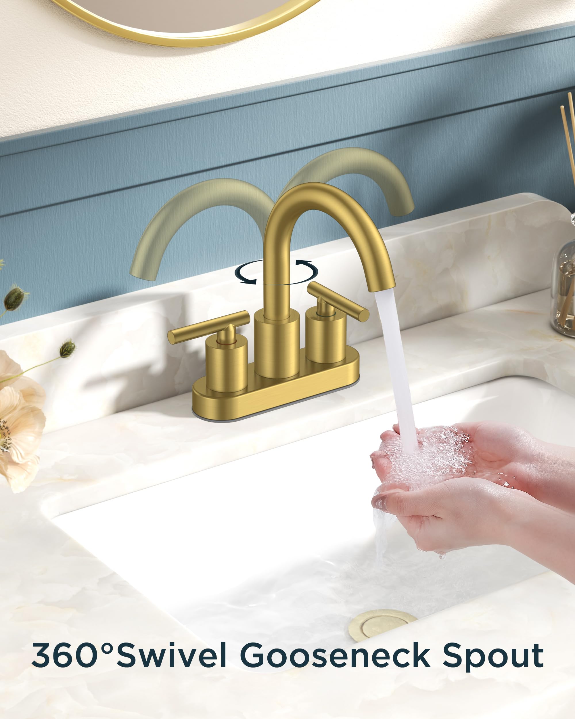 FORIOUS brushed gold faucet spout arc highlights wide reach for easier sink rinsing.
