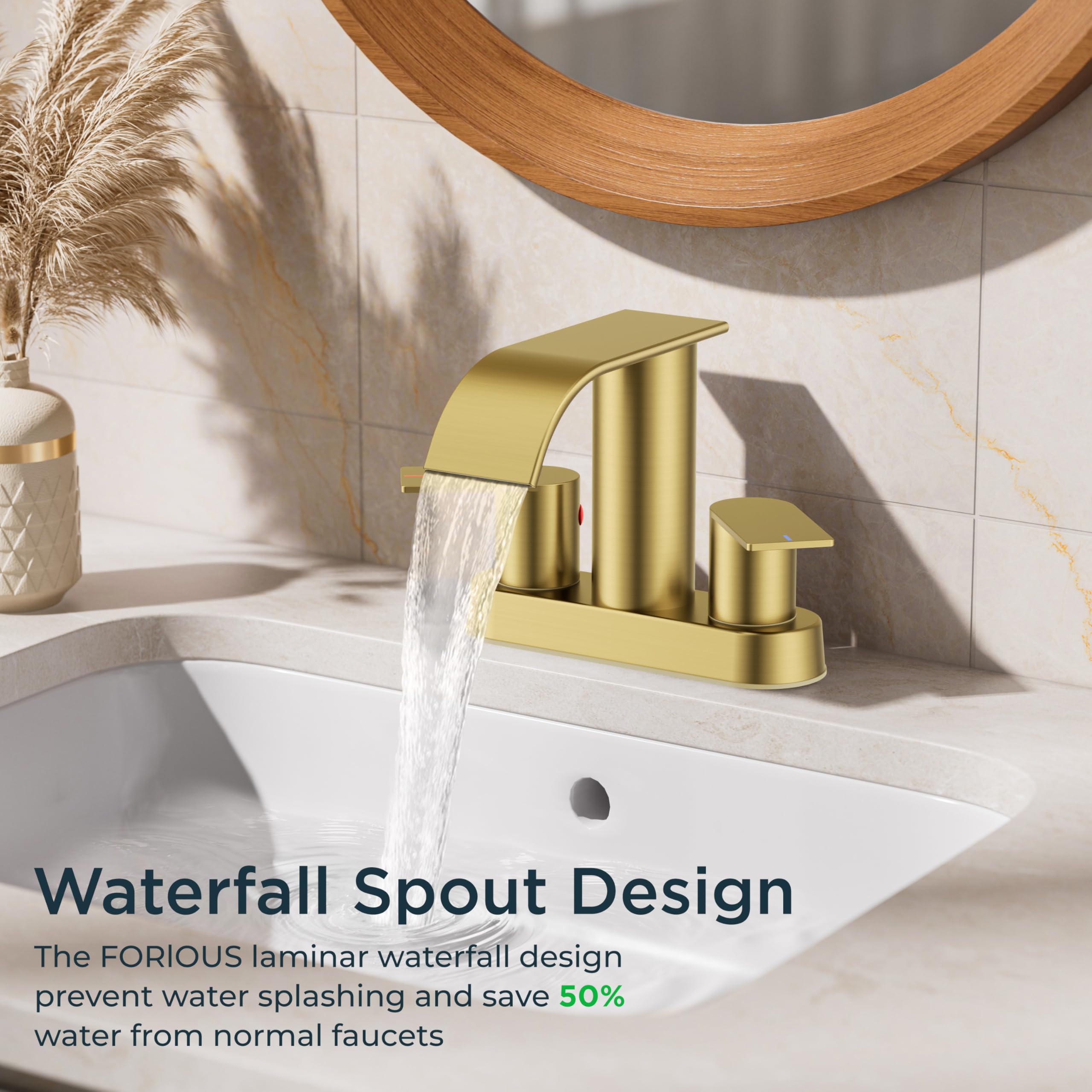 FORIOUS brushed gold faucet installed on a stylish vanity setting