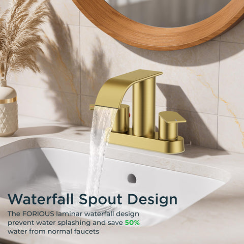 FORIOUS brushed gold faucet installed on a stylish vanity setting