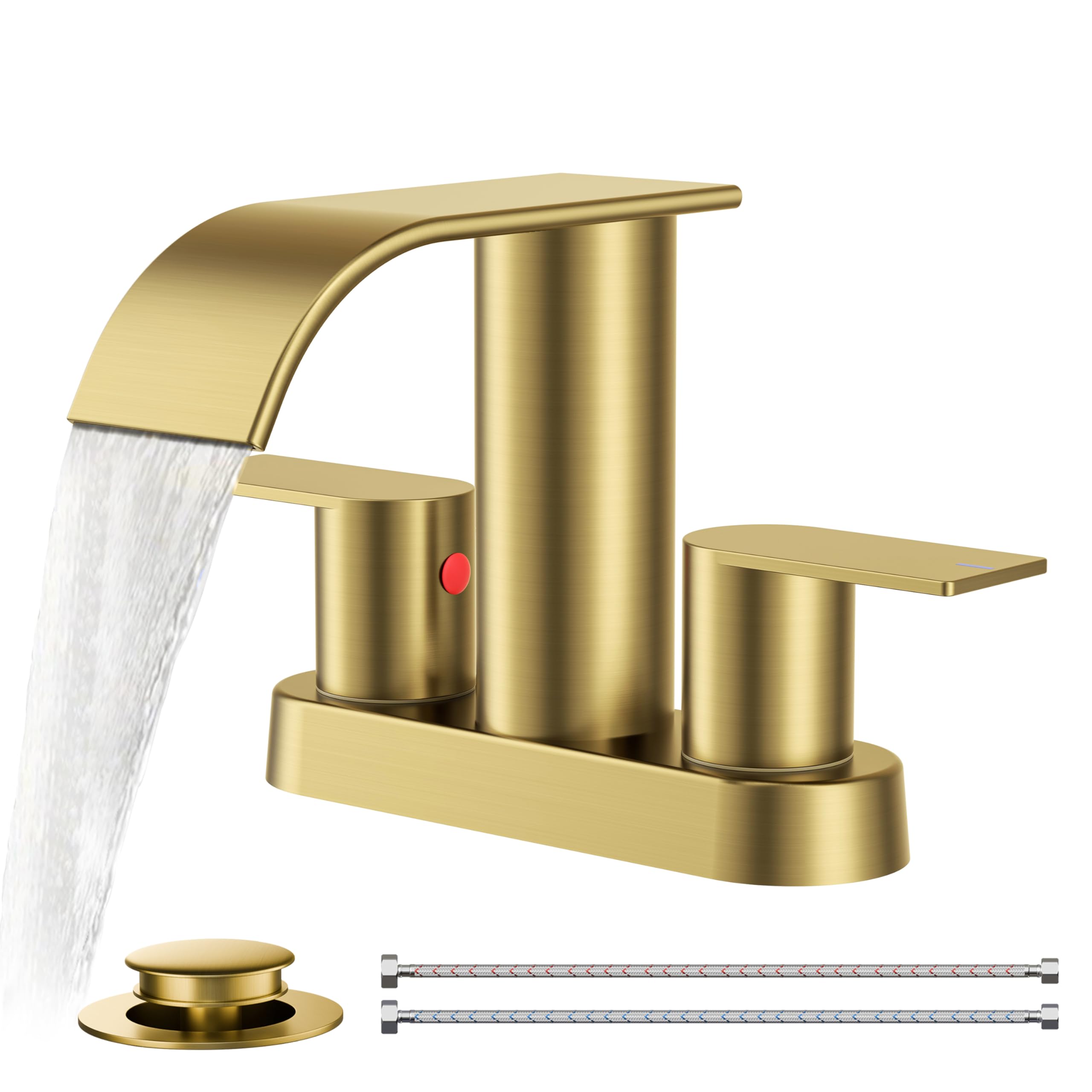FORIOUS brushed gold faucet with waterfall flow across the sink for a spa-like routine