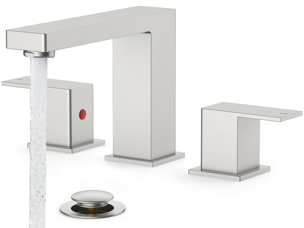 FORIOUS brushed nickel bathroom faucet front view with 3-hole design for modern sinks